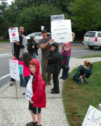 We protested outside a hotel on Thursday, September 29 where the Governor was having a dinner function after we got the news that he had pulled the plug on the compassion center law. (Photo by Catharine Leach)